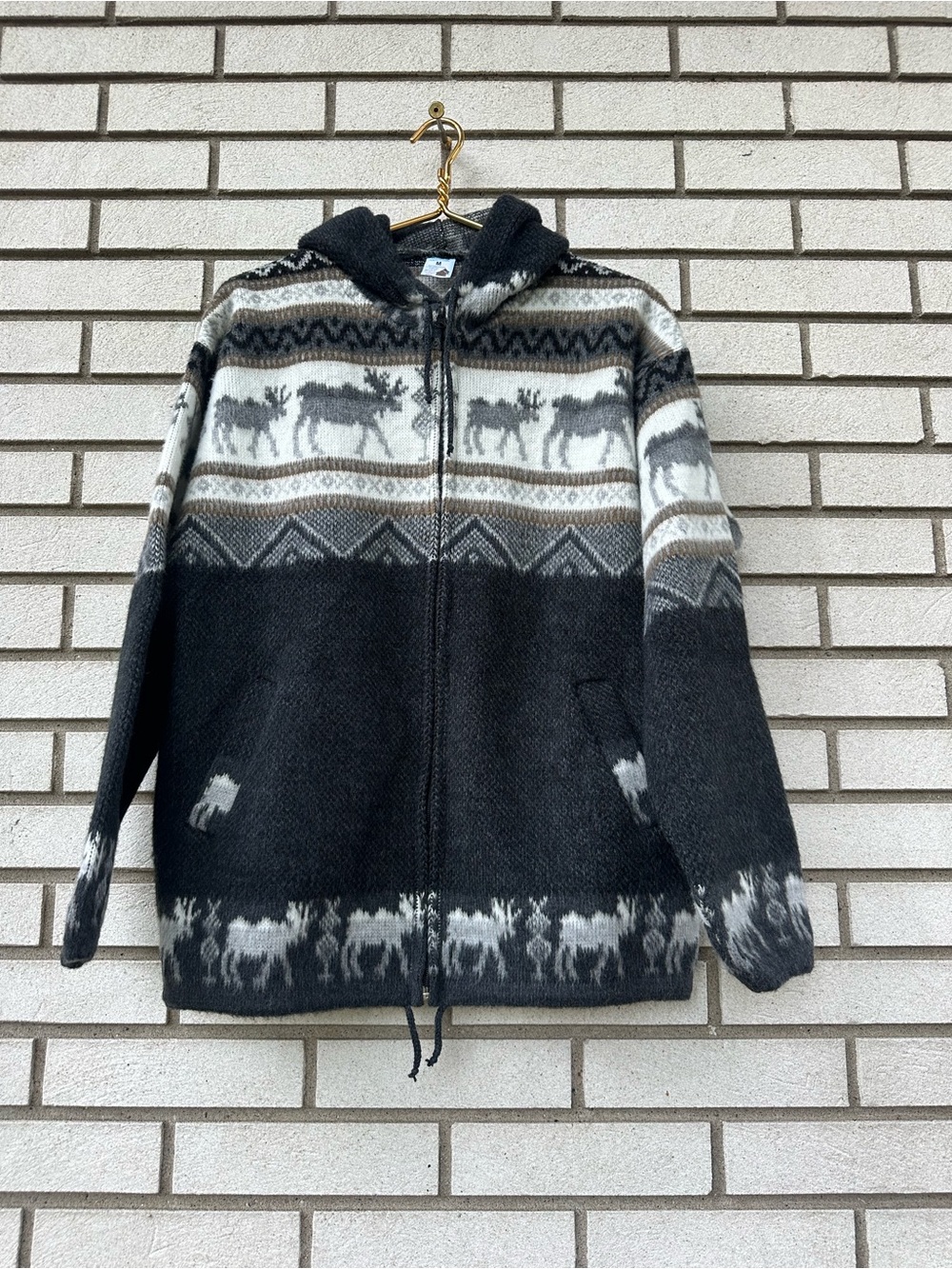 Artesanias Tuntaquimba M Wool Moose Fair Isle Hooded Zip Sweater Ecuador